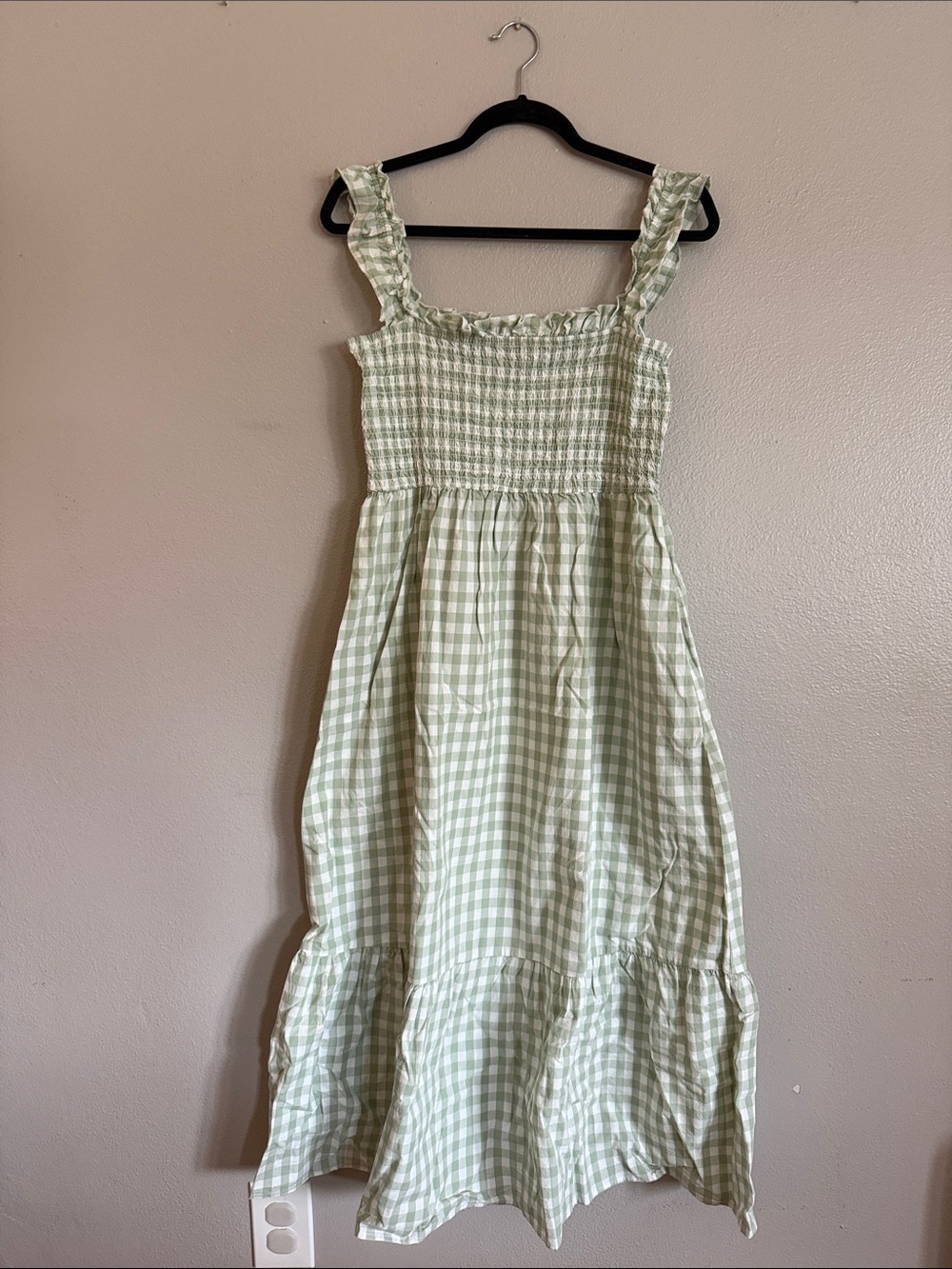 Smocked Light Green Gingham Maxi Dress - Women